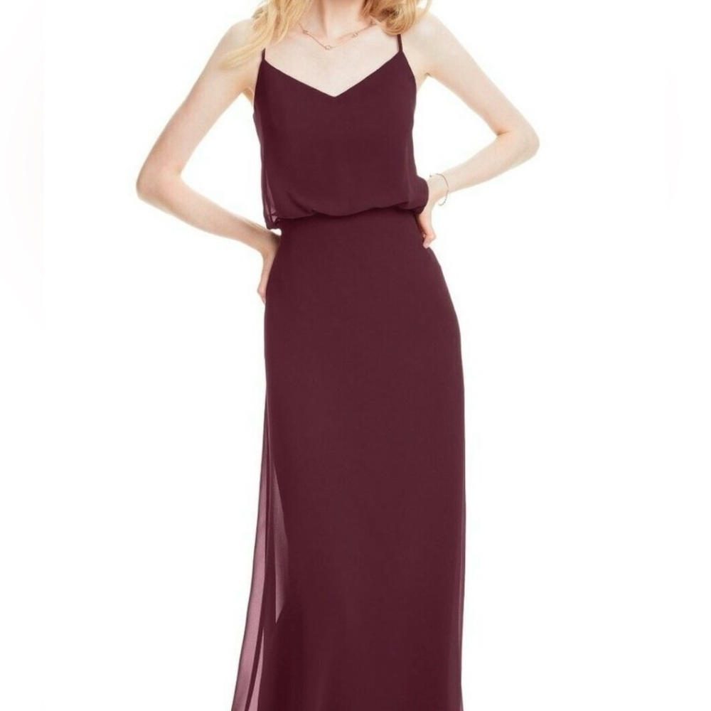 Bill Levkoff Wine Chiffon V-neck A-line Gown